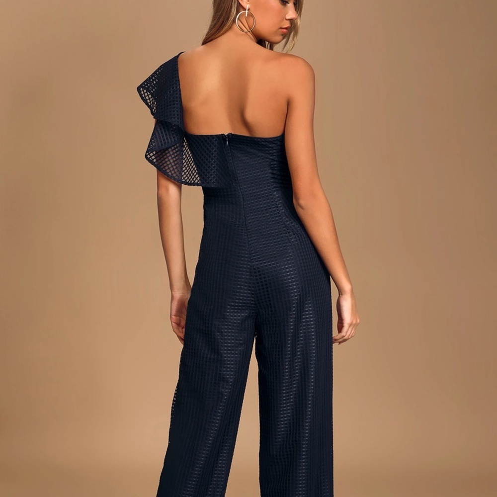 Lulu Off the Charts Navy Blue Grid Print Mesh One-Shoulder Jumpsuit - Picture 3 of 9